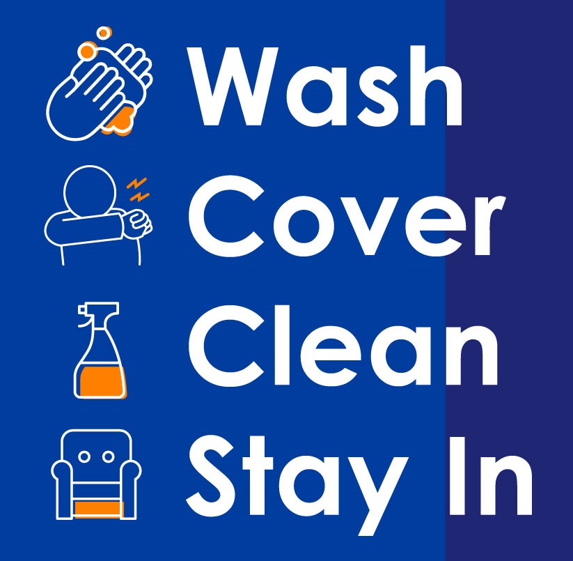 Wash your hands, cover your cough not with your hand, clean your spaces, stay in & stay home (COVID-19 tips from the State of California)