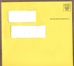 Photo of yellow envelope with two clear openings with white background, where addresses should appear. Top right of envelope includes "postage paid" stamp and message: "Return Service Requested"