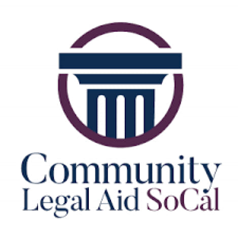 white square with dark blue lettering saying community legal aid so cal and pillar of justice in hollow circle