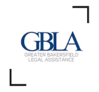 white square with opposite black partial border frames on top right and bottom left, dark blue lettering GBLA and light brown lettering below greater bakersfield legal assistance