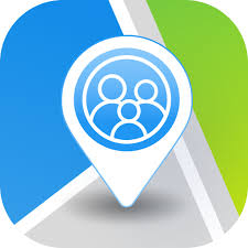 square with rounded corners with blue, light green, grey and two white filled lines, white filled pin shape with circle blue filled with three people outlined in white