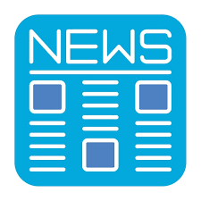 light blue square with rounded edges with text in white fill saying news with white filled lines in three separate columns with three blue filled small boxes with white outlining