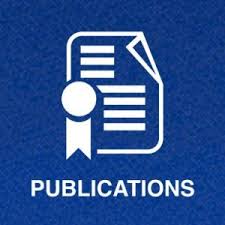 dark blue square with white outline of paper with lines and medallion with text in white saying publications