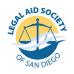 legal aid society in blue above yellow circle with blue scales of justice, grey wavy lines, of san diego below dark blue half circle